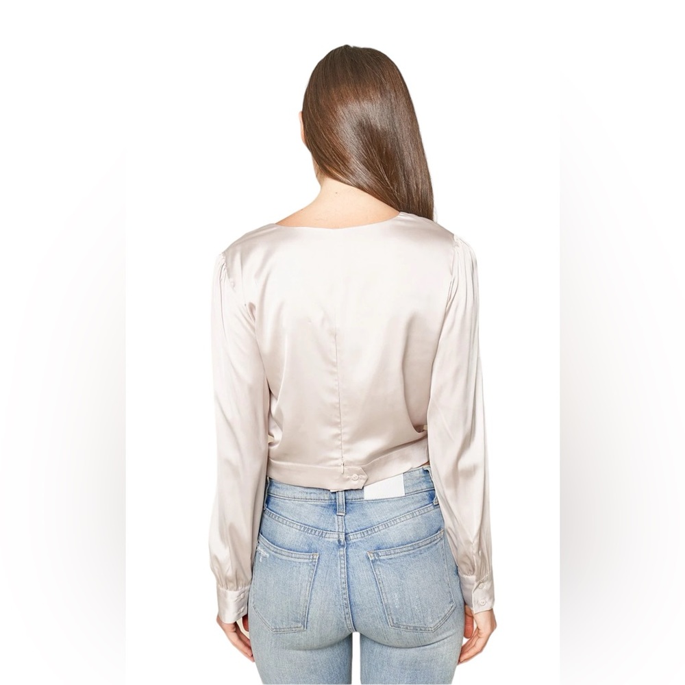 Long Sleeve Surplice Crop Top, Blouse, Size Small, Champagne, V-neck, Satin - Picture 3 of 9
